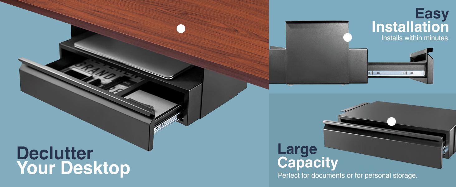 under-desk slide-out drawer, hidden desk storage, steel stationery organizer