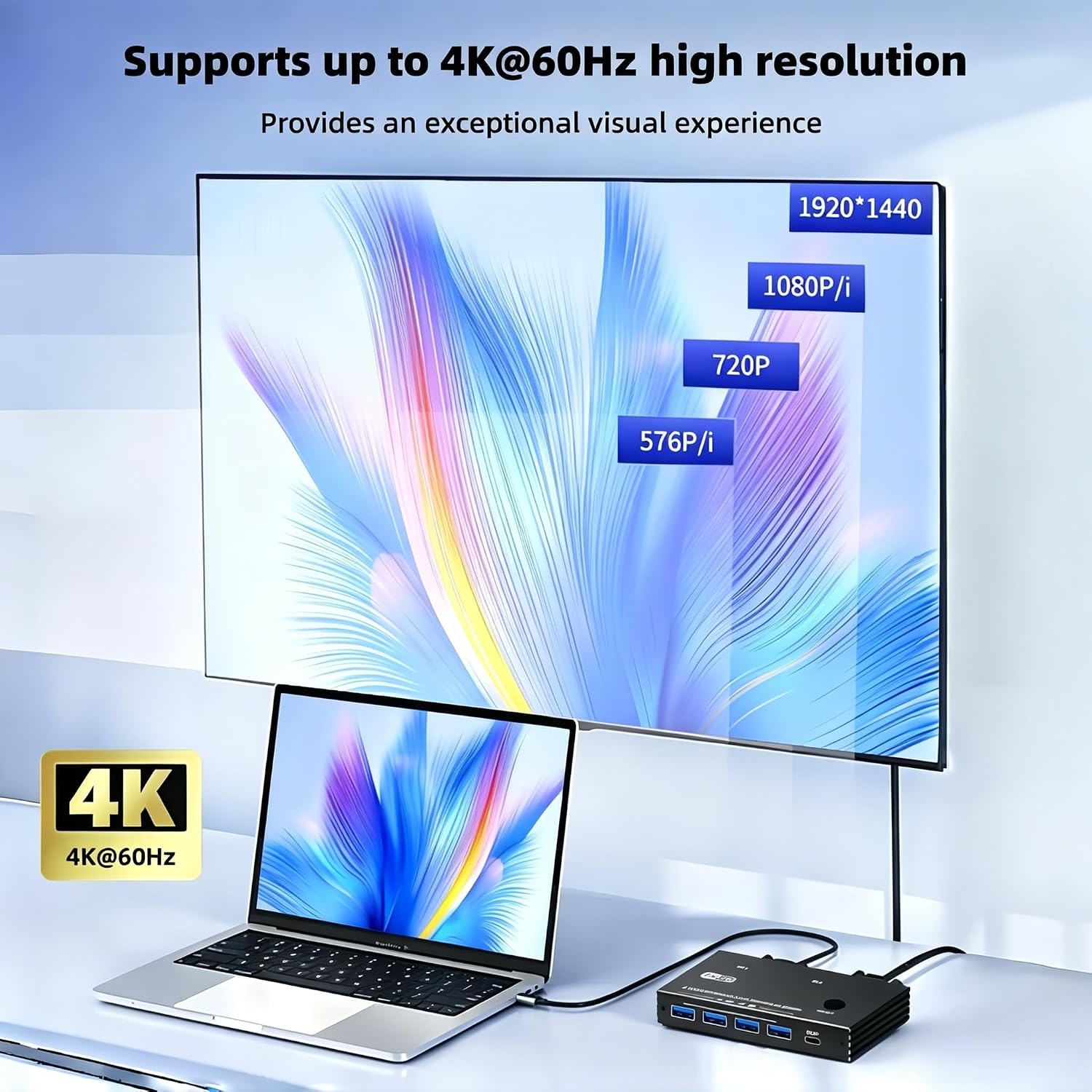 4K@60Hz Displayport KVM Switch 2 PC 1 Monitor with 2 USB Cables | KVM Switcher Support 4K@60Hz, 4 Po