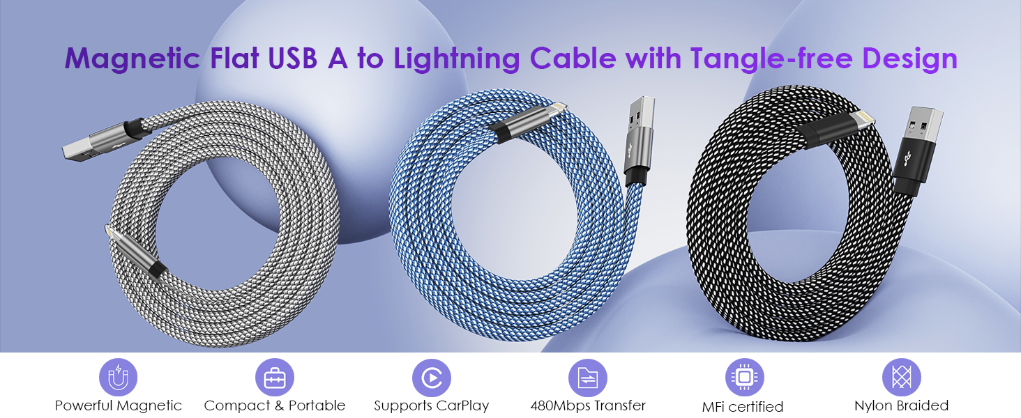 Magnetic Flat USB A to Lightning Cable with Tangle-free Design