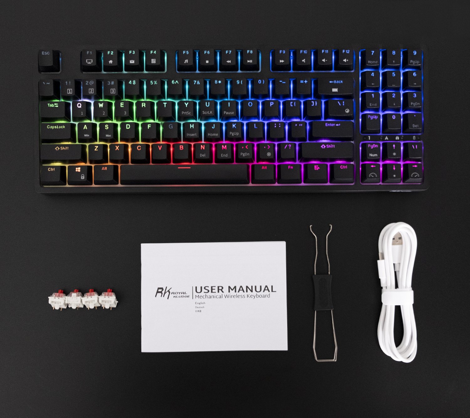 Package Includes:  1 x RK92 Mechanical Keyboard  1 x 2 in 1 Keycap & Switch Puller  4 x Replacement