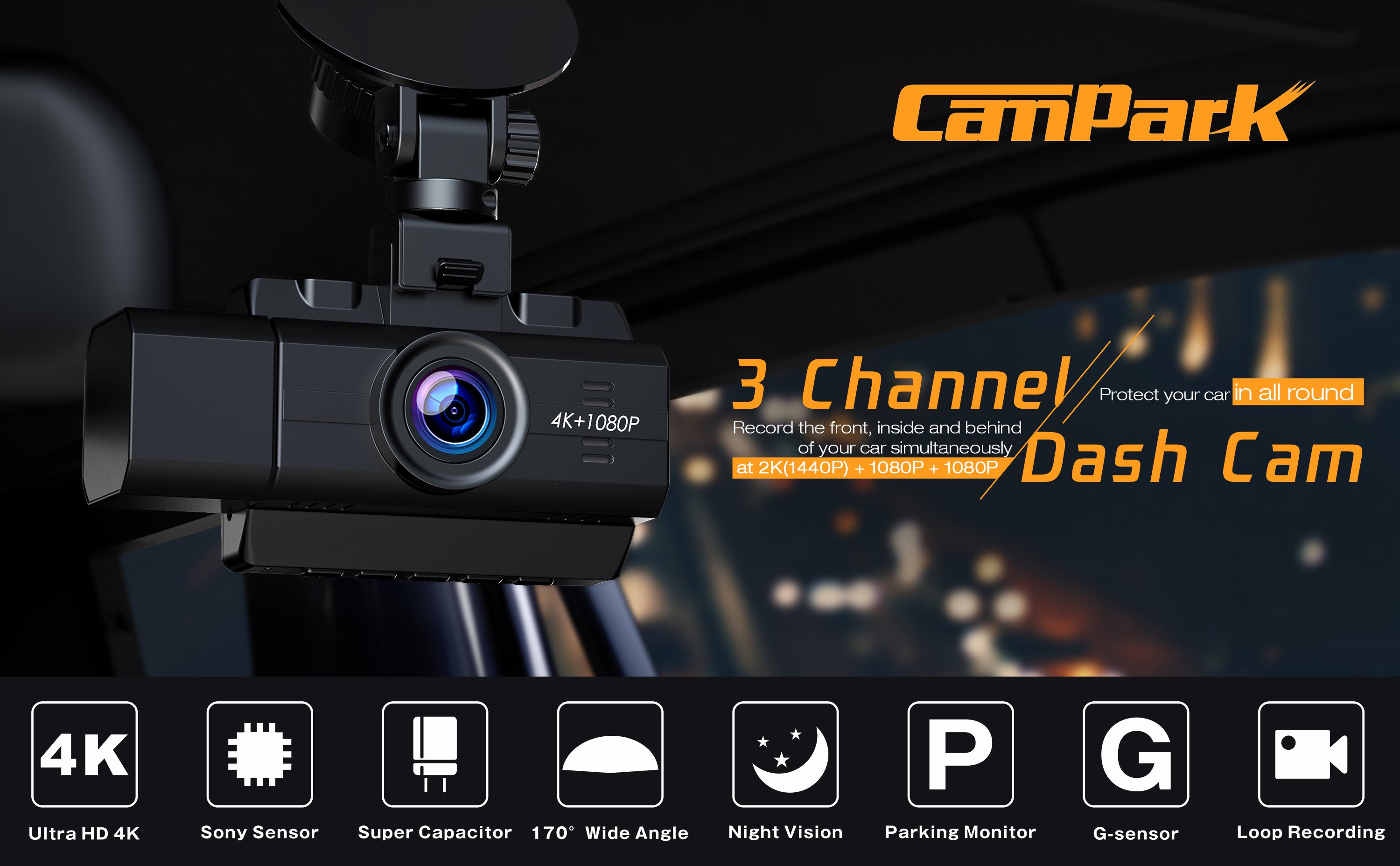 4K Dash Cam Front and Rear Inside 3 Channel Dashcam,CAMBASE 4K+1080P Front  and Inside Dual Dash Cam,1440P+1080P+1080P Triple Car Camera,IR Night
