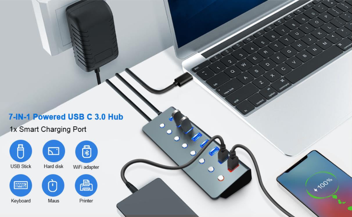 7 Port USB 3.0 Datahub with 12W Smart Charging Prot, Type C to USB A