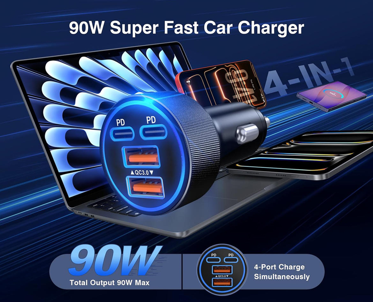 4-Port 90W Car Charger USB C, Super Fast 4-in-1 Cigarette Lighter Adapter Multiport Car Phone Charge