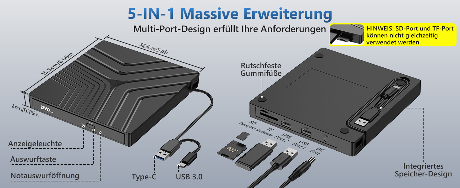 5 in 1 External DVD Drive for Laptop Desktop PC MacBook, USB 3.0 Type C External DVD Burner Optical