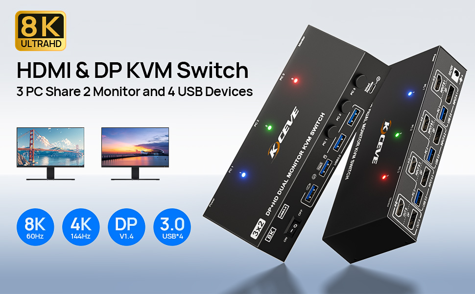 Ultra HD 8K@60Hz/4K@144Hz Visual Experience This 3 in 2 out KVM switch output max resolution up to 8
