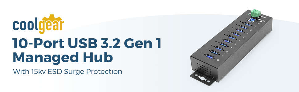 Coolgear 10 Port Managed USB 3.2 Gen 1 Hub w/ 15KV ESD Surge Protection Per Port