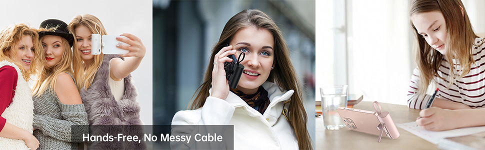 Small Portable Charger for iPhone, 5000mAh Mini Power Bank with Built-in Cable/Metal Stand