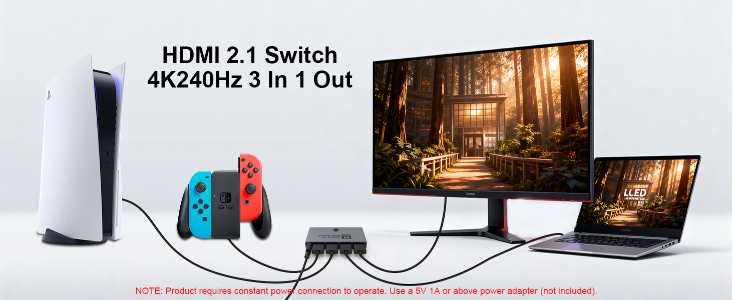 HDMI 2.1 Switch 3 in 1 Out, 8K@60Hz 4K@240Hz/120Hz 48Gbps, HDMI Switcher with Remote
