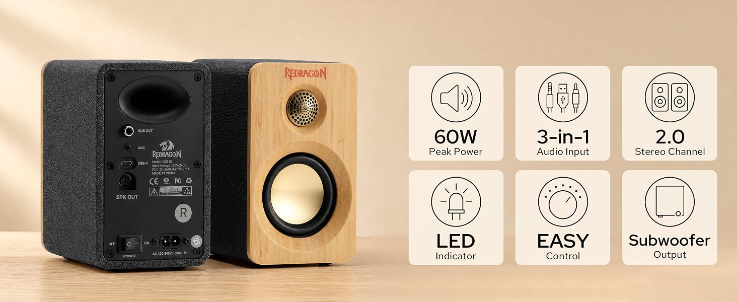 Redragon GS818 Multimedia Speaker, 60W Peak 2.0 Desktop Computer Speakers