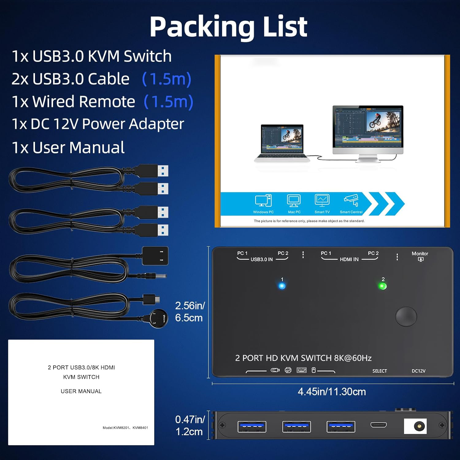 2 Ports HDMI KVM Switch 8K@60Hz, 2 in 1 Out HDMI KVM Switch for 2 PC Share 1 Monitor