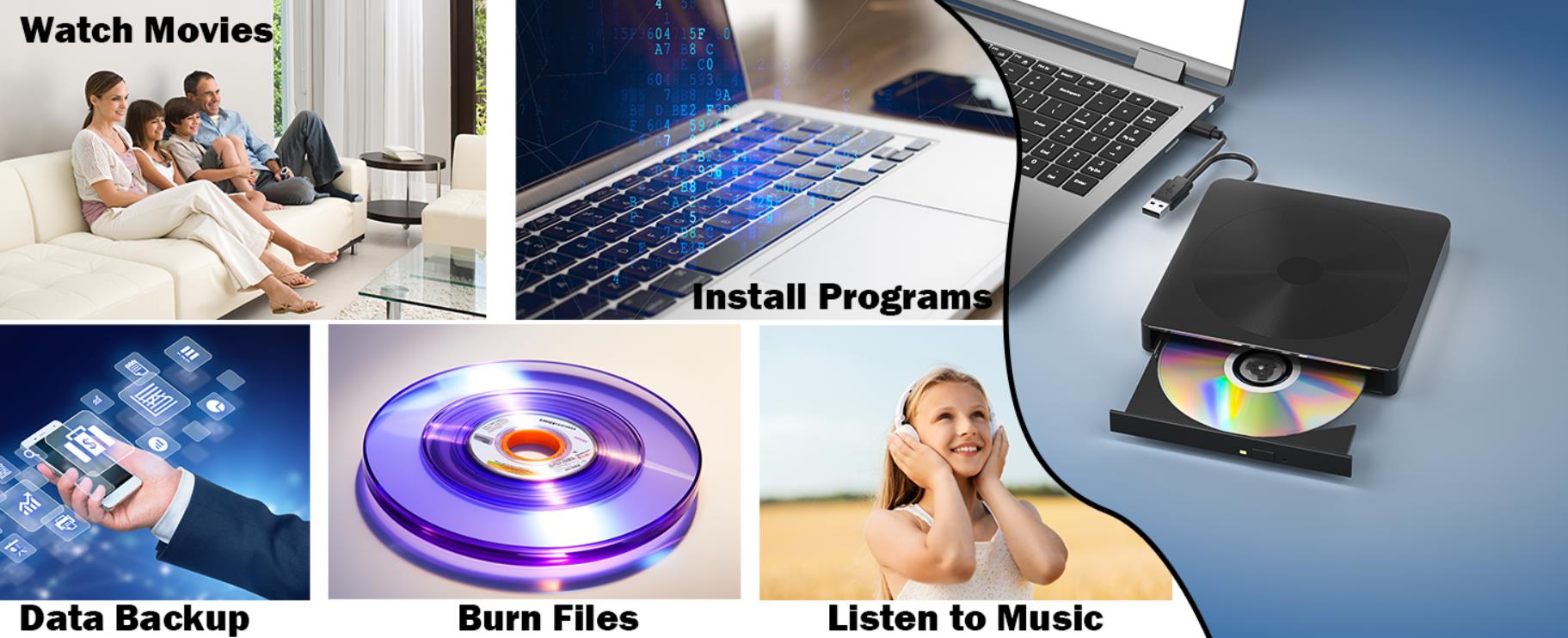 External CD/DVD Drive for Laptop, USB 3.0 & Type-C Portable DVD Player CD DVD Burner