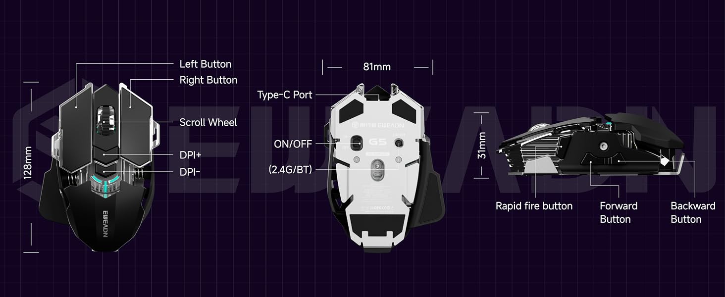 G5 Tri-Mode Wireless Gaming Mouse, 12800 DPI Programmable Ergonomic Mouse with Metal Base for Stabil