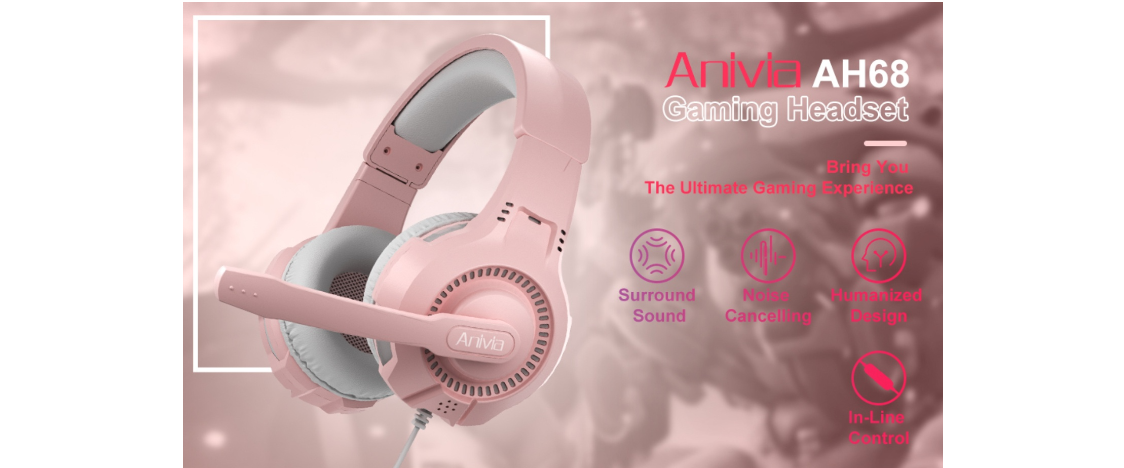Anivia AH68 Pink Wired Gaming Headset, Surround Sound, Noise Cancelling Mic