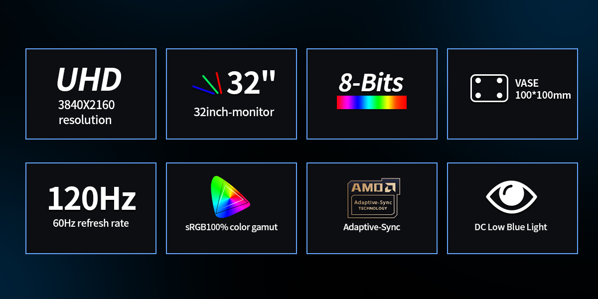 Key Specifications: 32 Inch, UHD 4K 3840×2160, 120Hz Refresh Rate, 8-bit Color, 100% sRGB, Adaptive-