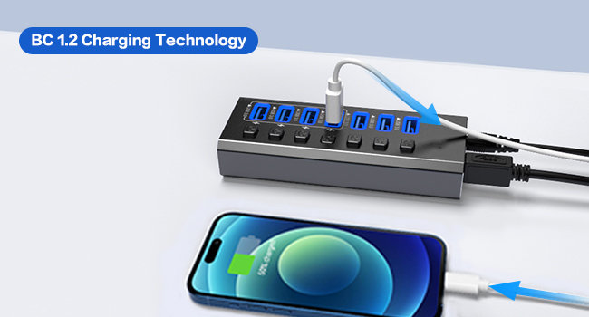 Powered USB Hub 3.0, 7-Port USB 3.0 Hub [Durable Aluminum] 7 Data Transfer Ports+ 4 Smart Charging P