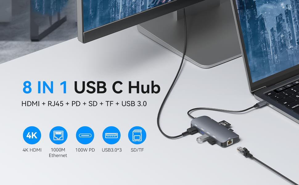 8-IN-1 USB C Hub increases your productivity by expanding the female USB C port on your devices to m