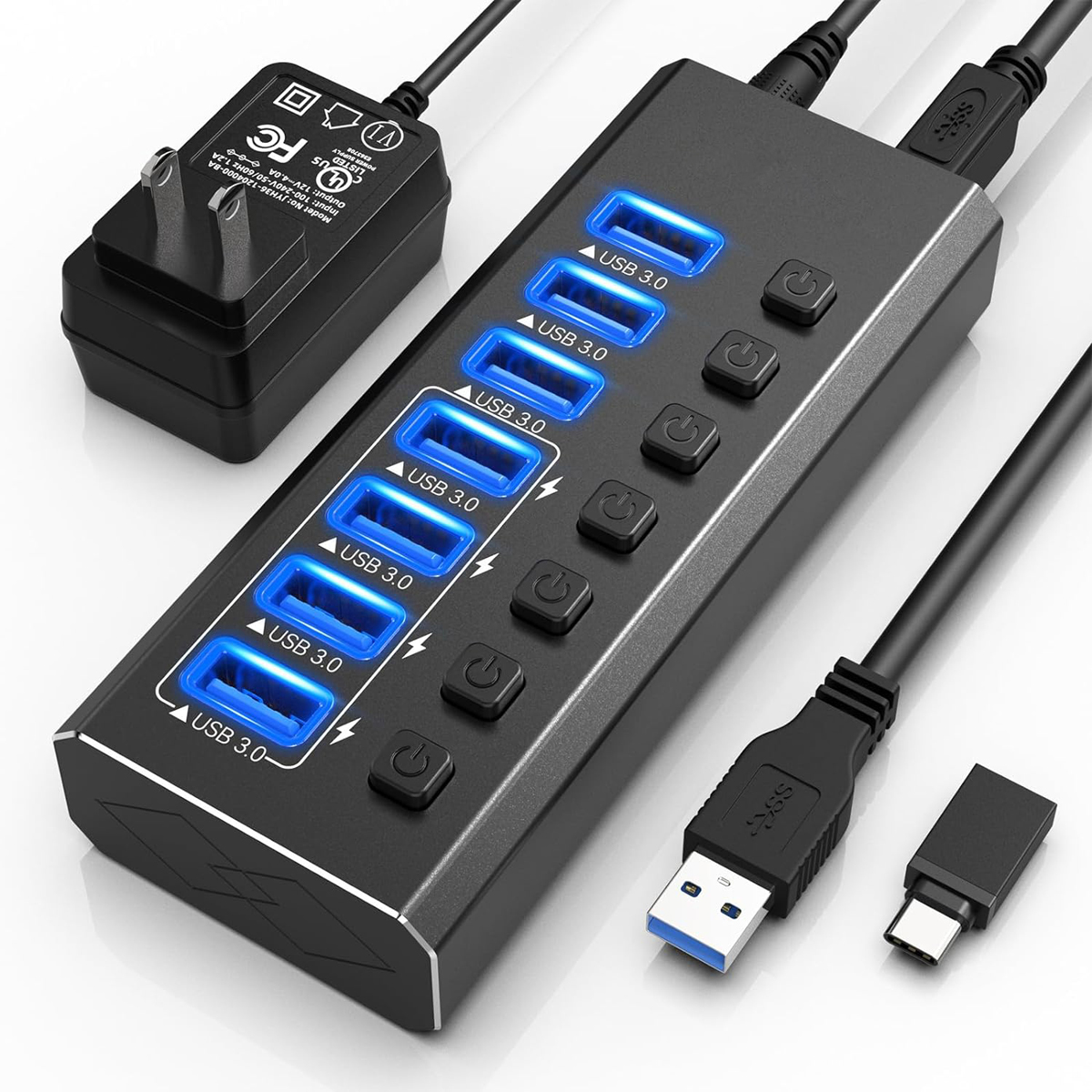 USB Hub 3.0 Powered, 7 Ports USB Data Hub Splitter with 4 Smart Charging  Port and 12V Powered Adapter and ON/Off Switches for MacBook, Mac Pro/Mini,  iMac, Surface Pro Laptop/PC 