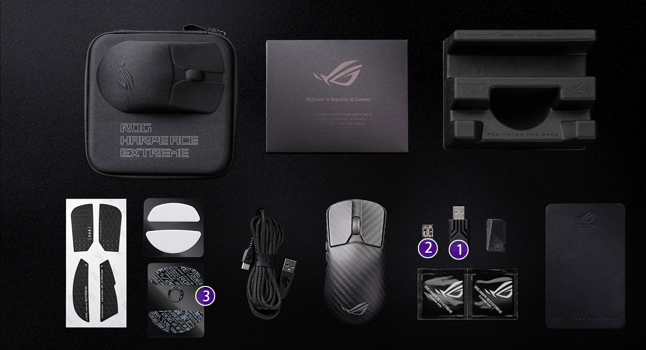 The Harpe Ace Extreme and the components that come with it, including a hard-shelled pouch for the Harpe Ace Extreme, a thank-you card, a display stand for the Harpe Ace Extreme, a set of mouse grip tape, PTFE mouse feet and glass mouse feet, cables, 2.4 GHz wireless receiver, ROG Polling Rate Booster, an extender for the wireless receiver, cleaning solution packets, and a cleaning cloth for the mouse
