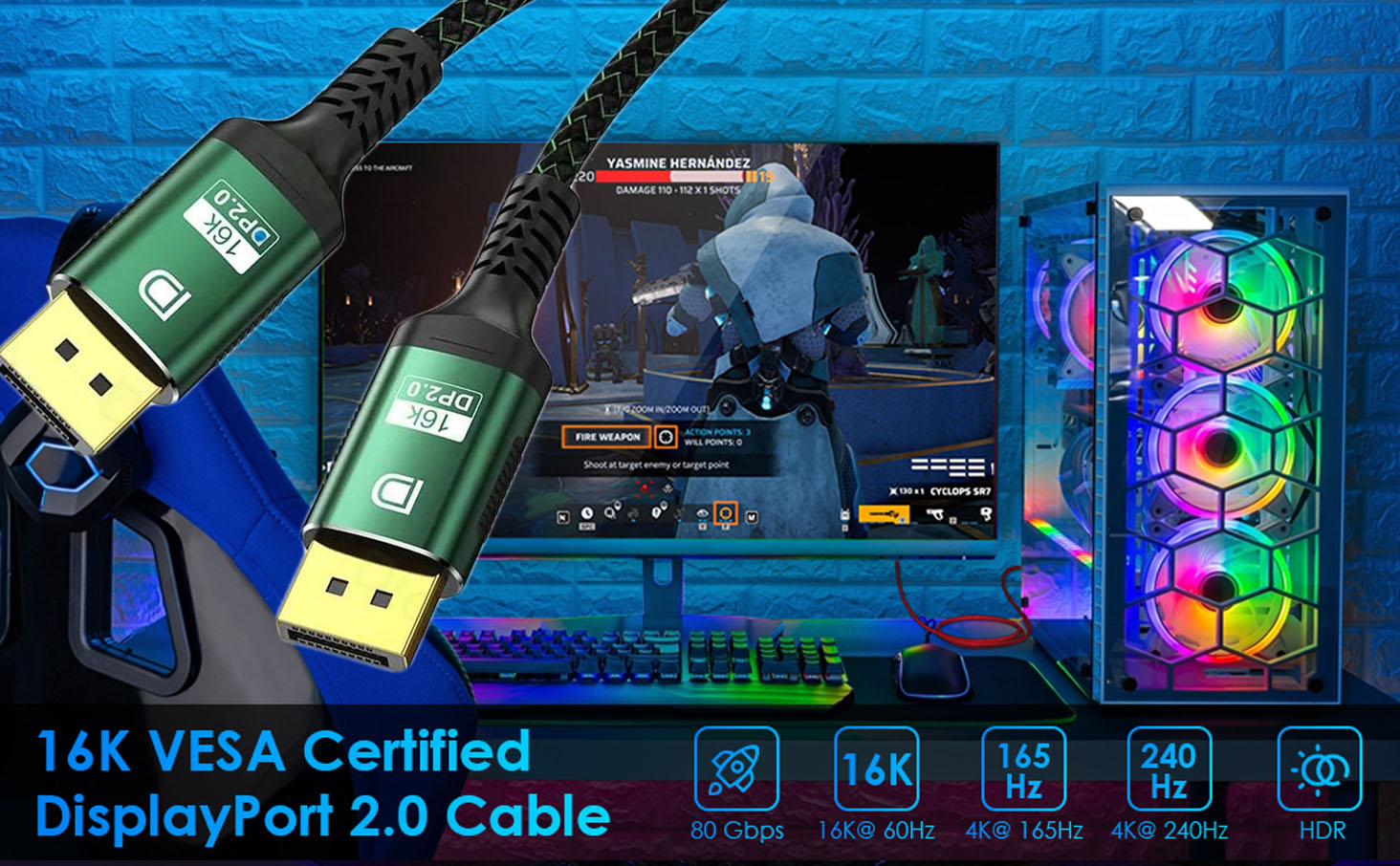 DisplayPort 2.0 to DP Cable 16K@60Hz 8K@120Hz 4K@240Hz HDR HDCP2.3 for PC  Nvidia