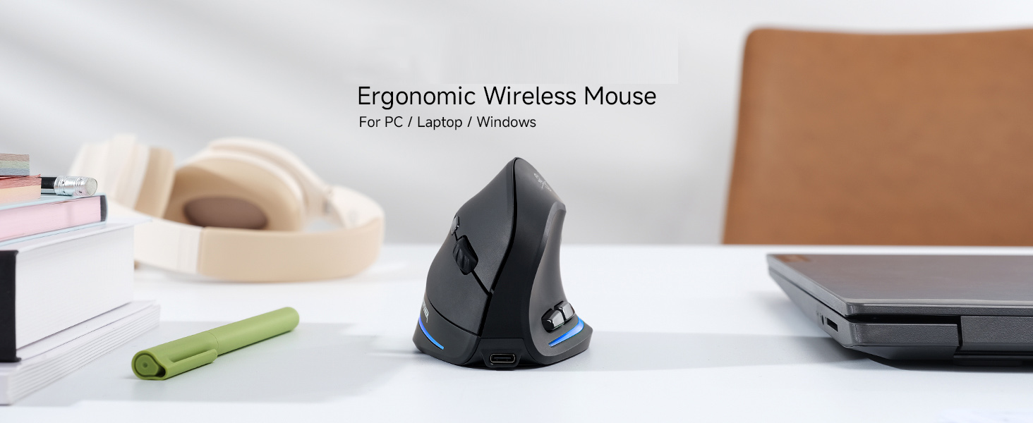 Ergonomic Wireless Mouse, Bluetooth Vertical Mouse with LED Light, Control Up to 3 Devices (BT5.0+BT