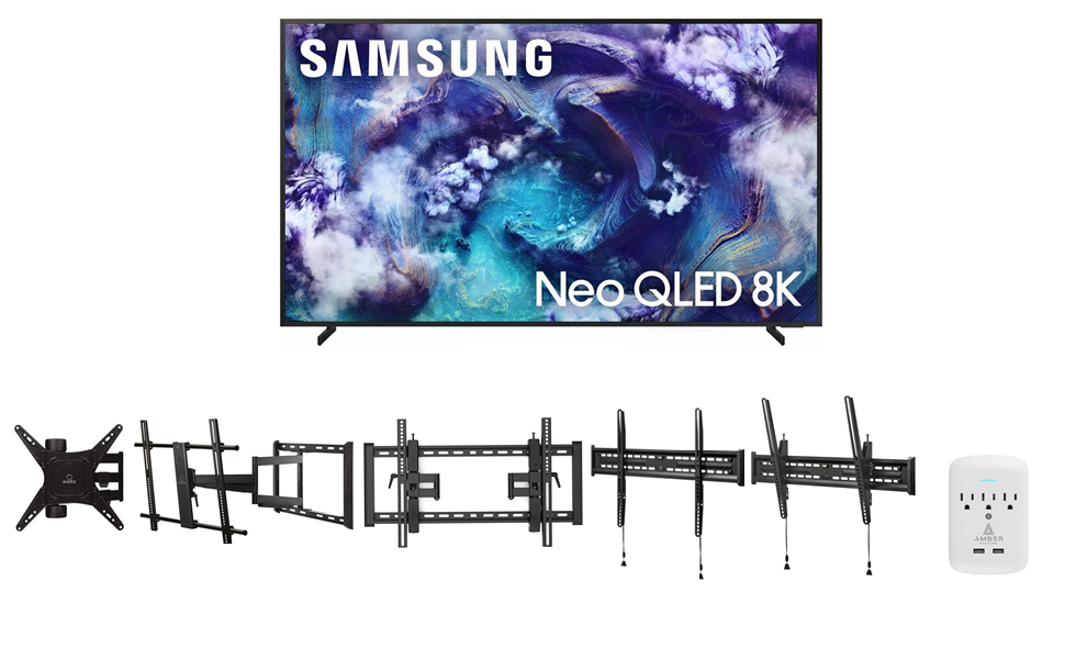 Samsung QN900F Series TV with Walts Mount and Amber Protection 3-Outlet Surge Protector
