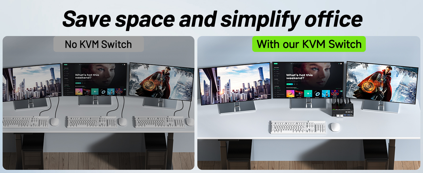 3 monitors KVM switch with 4 USB 3.0 ports for keyboard, mouse, printer and other peripheral USB dev