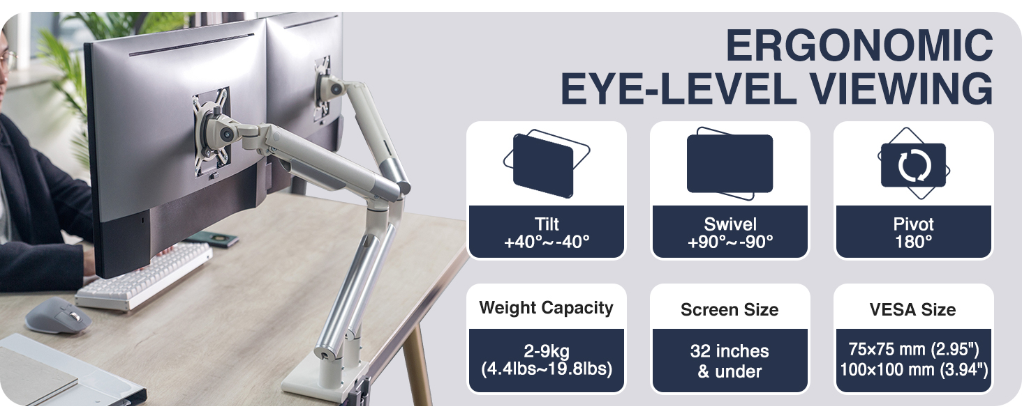 slim monitor arm, dual monitor arm, minimalist monitor mount, low-profile, VESA mount, ergonomic