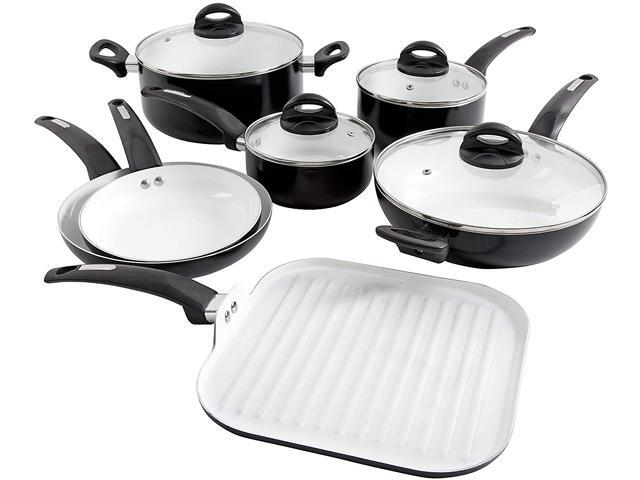Oster 107307.11 Herstal 11 Piece White Ceramic Interior Aluminum Cookware Set, Black