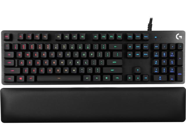 Black keyboard featuring colored keys with black wrist rest.