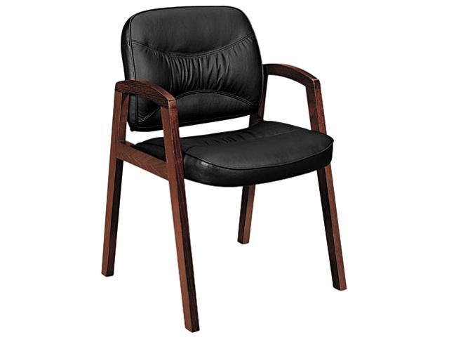 basyx VL803NST11 VL800 Series Guest Chair w/Wood Arms, Black Leather/Mahogany Finish