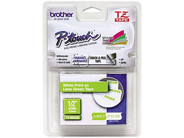 Brother TZEMQG35 P-touch Laminated Tape, 12mm (0.47") White on Lime Green tape for P-touch 5m (16.4 ft)