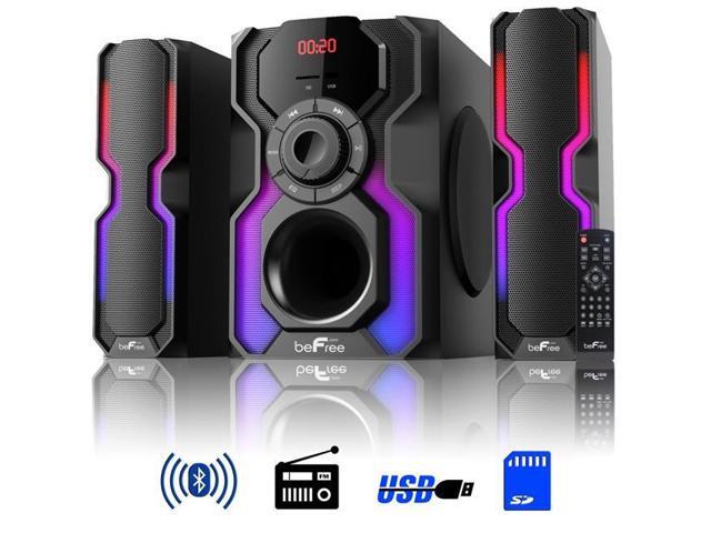 BeFree Sound BFS-A102 2.1 Channel Bluetooth Multimedia Wired Speaker Shelf Stereo System with Reactive LED Lights, FM Radio, USB & SD Inputs, 6 ohm - Black & Silver