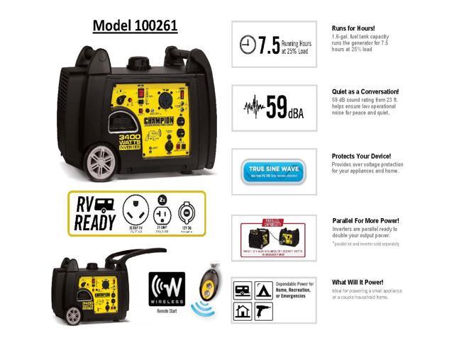 Champion Equipment 3 400 Watt Gasoline Ed Electric Champion Equipment 3 400 Watt Gasoline Ed Electric Wireless Remote Start Portable Inverter Generator