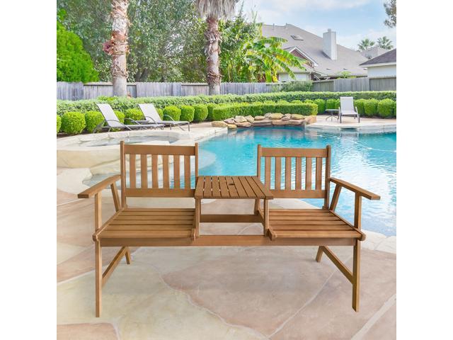 Photo 1 of * DAMAGED * Outdoor Furniture Patio Tete a Tete Garden Bench Chair Patio Conversation Sets Outdoor Patio Loveseat Set Solid Eucalyptus Wood with Umbrella Hole Table for Pool Beach Backyard Balcony,Natural Oiled