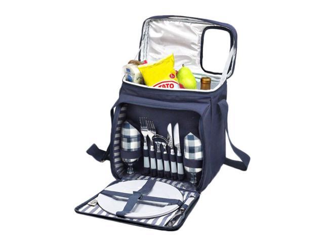 Blue Insulated Picnic Basket Lunch Tote Cooler Backpack w// Flatware Two Place Setting
