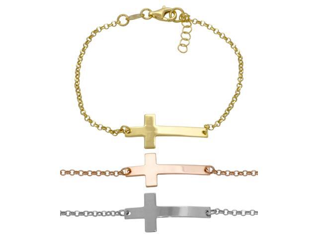 925 Sterling Silver Plain Side Cross Bracelet Rose Gold Made In 925 Sterling Silver Plain Side Cross Bracelet Rose Gold Made In Italy