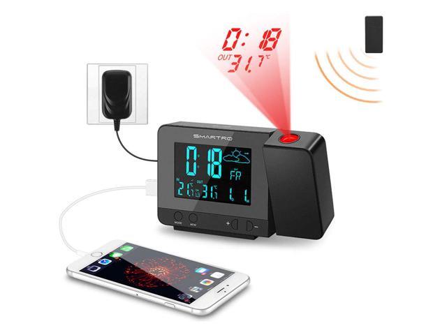 Smartro Digital Projection Alarm Clock With Weather Station Indoor Outdoor Thermometer Usb Charger Dual Clocks For Bedrooms Ac Battery