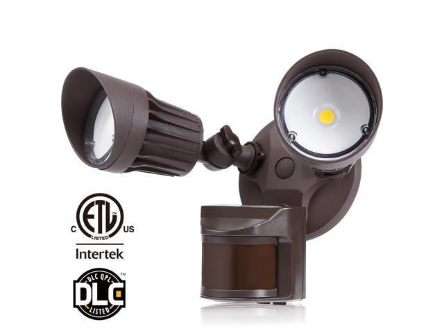 Leonlite 2 Head Led Outdoor Security Floodlight Motion Sensor Newly Designed 3 Lighting Modes Etl Dlc Listed 1800lm 3000k Warm White Bronze