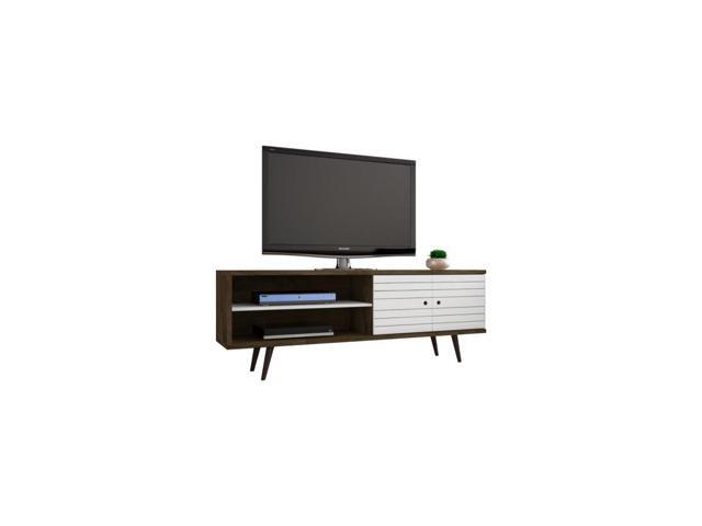 Manhattan Comfort 201amc96 Liberty 62 99 In Mid Century Modern Tv Stand With Solid Wood Leg 3 Shelves 2 Doors Rustic Brown White