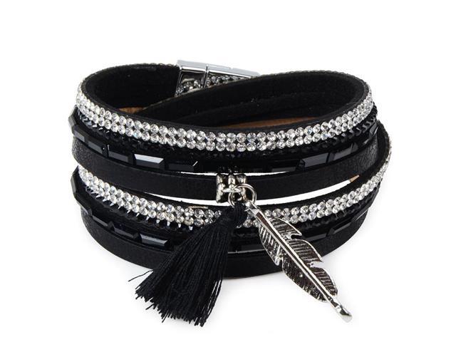 Rhinestone Feather Wide Multilayer Leather Bracelet Magnetic Tel Not Available See Similar Items Below