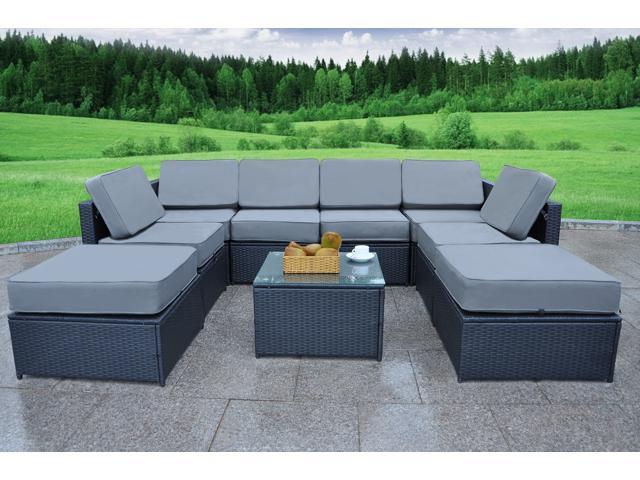 Black Wicker Grey Cushions Outdoor Furniture Sets Patio Sectional Sofa Garden Conversation Set With Coffee Tables Lawn Accessories Houseofrd Com - Black Rattan Garden Furniture With Grey Cushions