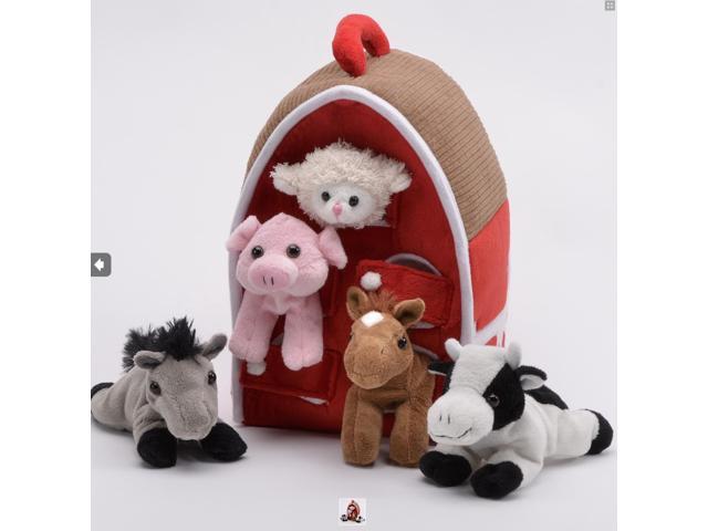 Plush Horse Barn With 5 Farm Animals In Play Carrying Barn Case