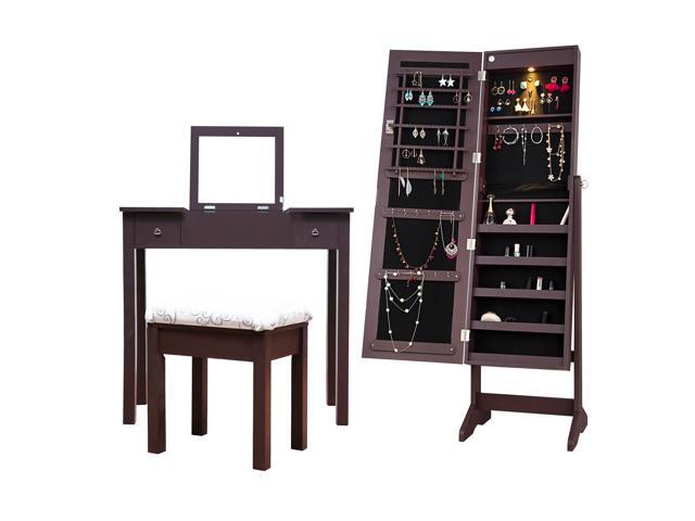 Cloud Mountain Mirrored Jewelry Armoire Cabinet Free Standing With Led Light Makeup Dressing Vanity Table Stool Set Newegg Com
