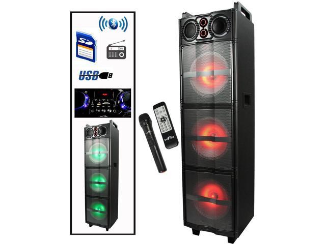 beFree Sound Party Lights Triple 10 Inch Subwoofers Bluetooth Portable Speaker with USB/ SD Input, FM Radio, Remote Control and  Microphone