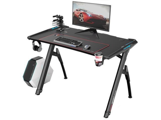 Vitesse 47 inch Gaming Desk Racing Style RGB LED Light Computer Desk with Free Mouse pad, Y-Shaped Professional Gamer Game Station with USB Gaming Handle Rack, Cup Holder & Headphone Hook