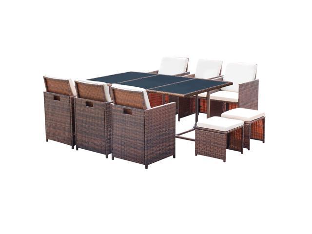 Homall 11 Pieces Patio Furniture Dining Set Wicker Rattan Table And Chairs Outdoor Cushioned Tempered Glass W Ottoman Brown Pe