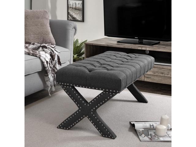 Gus Dark Grey Linen Tufted Bench Silver Nailhead Legs Modern