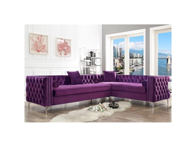 Lorenzo Purple Corner Sectional Sofa 120 Right Facing Velvet Tufted Nailhead Metal Legs Modern Contemporary Inspired Home Newegg Com