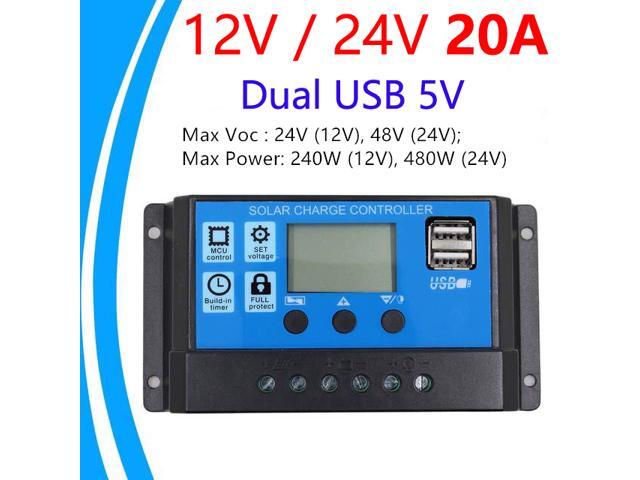 Dual USB LCD 10A PWM Solar Panel Regulator Charge Controller 12V//24V 120W//240W