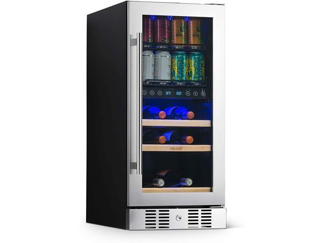 NewAir 15” Premium Wine and Beverage Refrigerator Cooler, 9 Bottle and 48 Can Capacity, Built-in or Freestanding Dual Zone Fridge in Stainless Steel - NWB057SS00